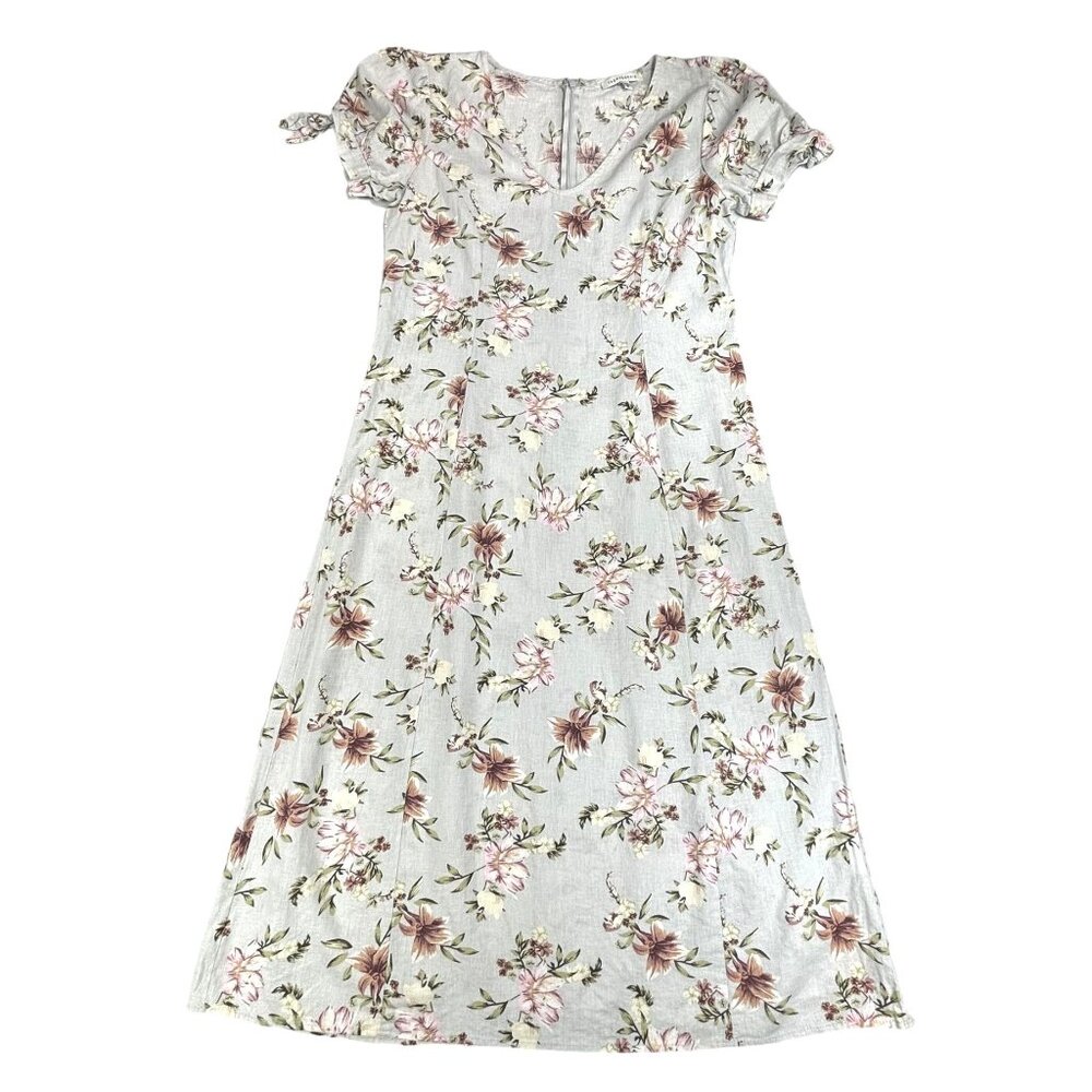 Tash + Sophie Anthropologie Dress M Gray Floral Linen Cottagecore Garden Prairie